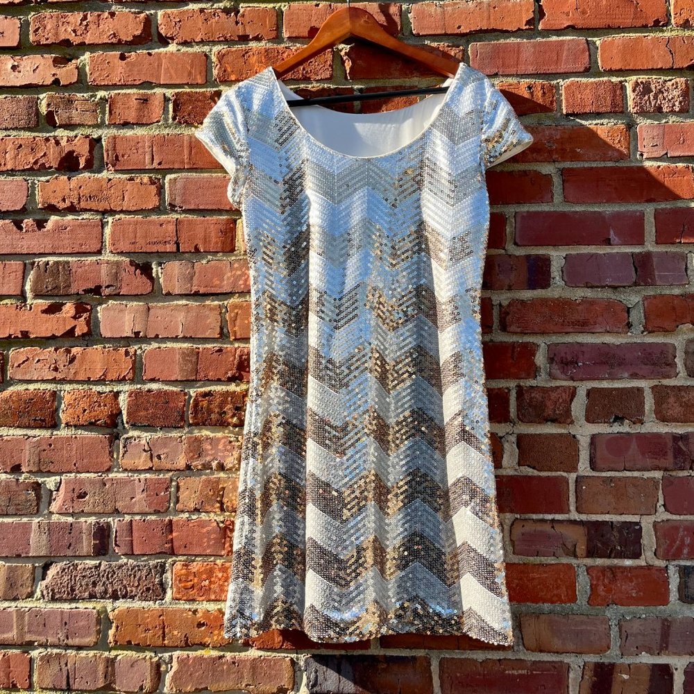 White House Black Market Sequin Dress Gold and Silver Chevron Zig Women’s Medium - Picture 4 of 13